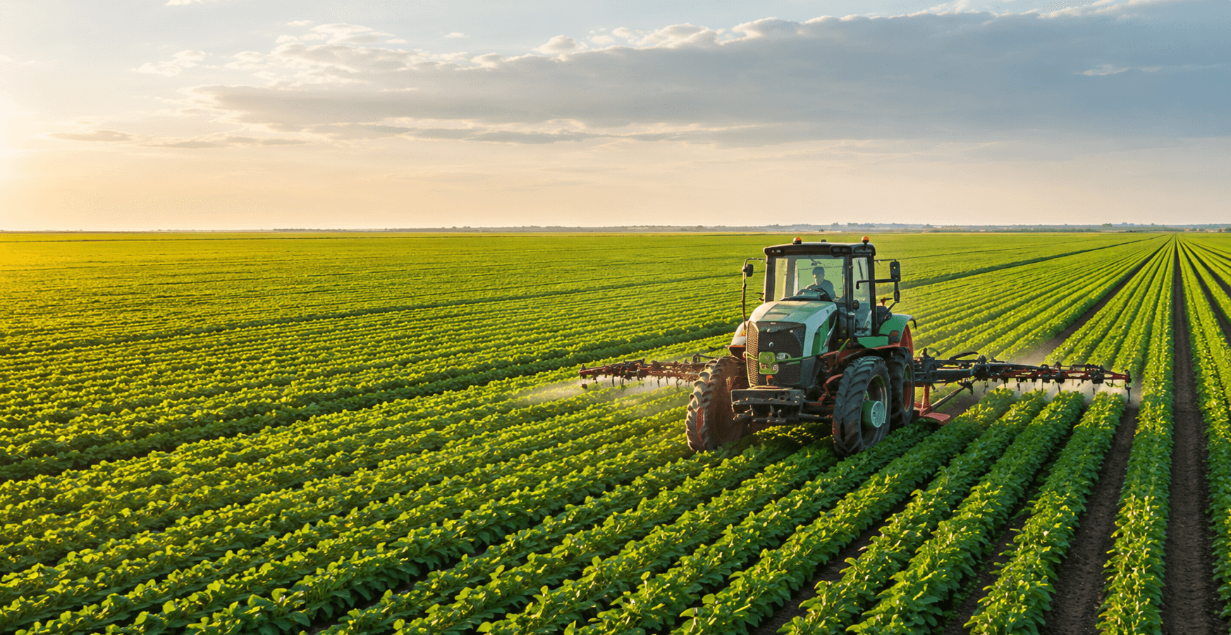Tractor working long rows of green crops in a vast field at sunset