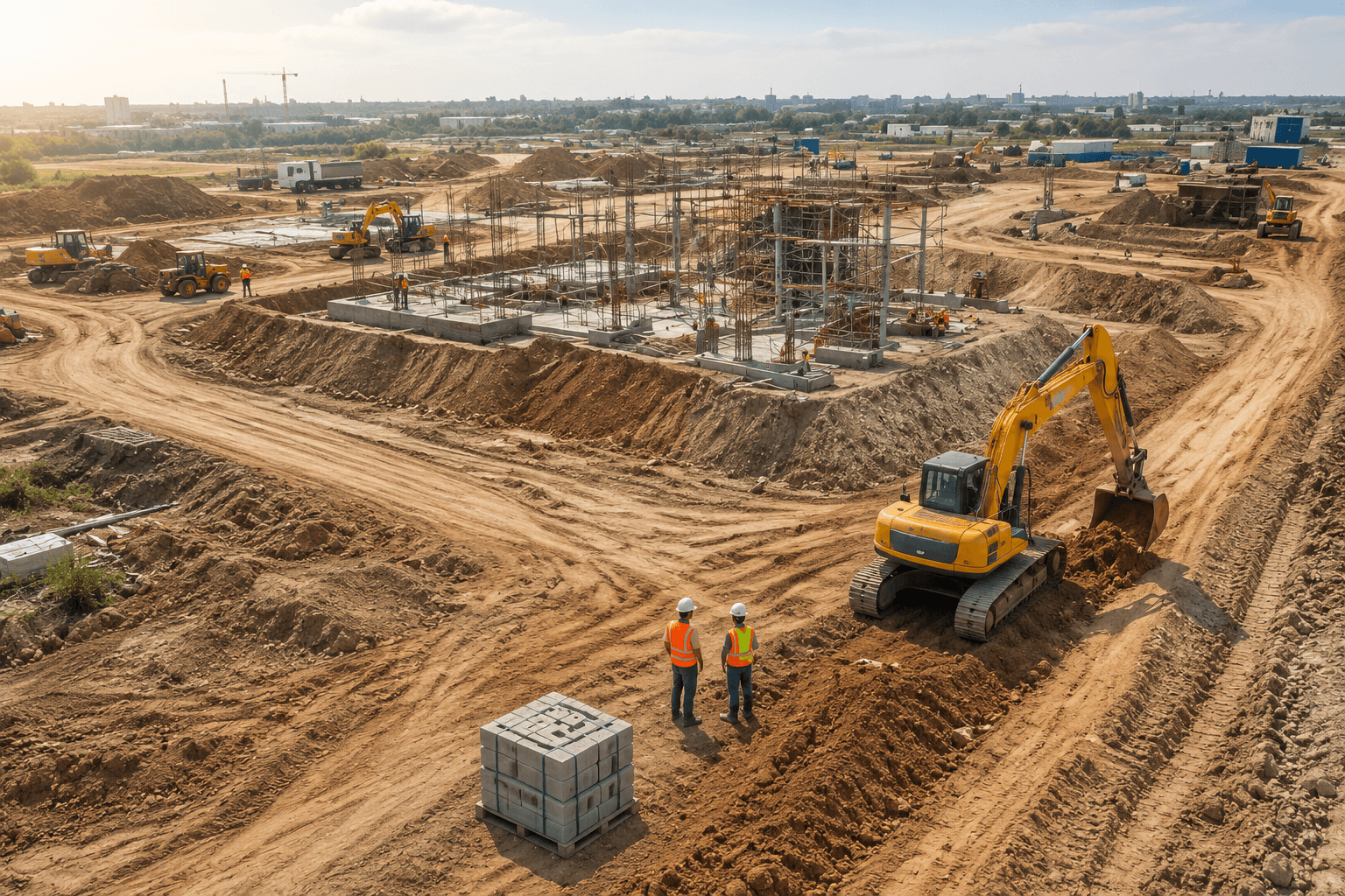 Aerial view of an active construction site with an excavator and crew on bare earth