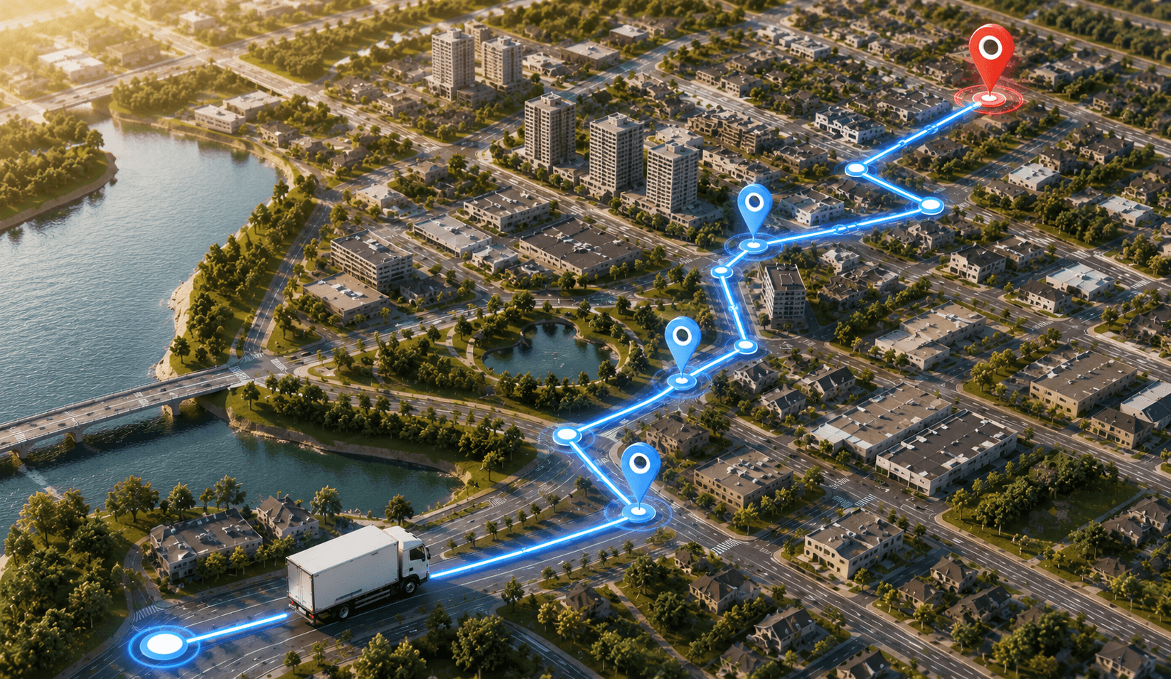 Aerial view of a delivery truck following an optimized route across a city