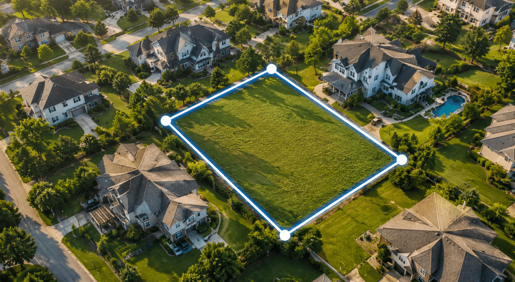 Aerial view of a suburban plot with a measured property boundary polygon overlaid