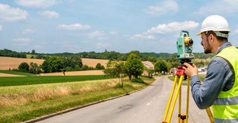Land surveyor sighting through a total station beside a rural road