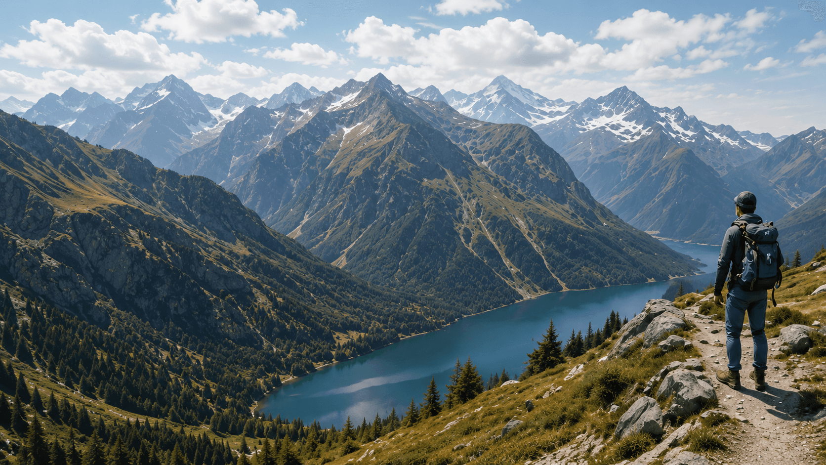 Backpacker on a mountain trail overlooking a blue alpine lake and snow-capped peaks