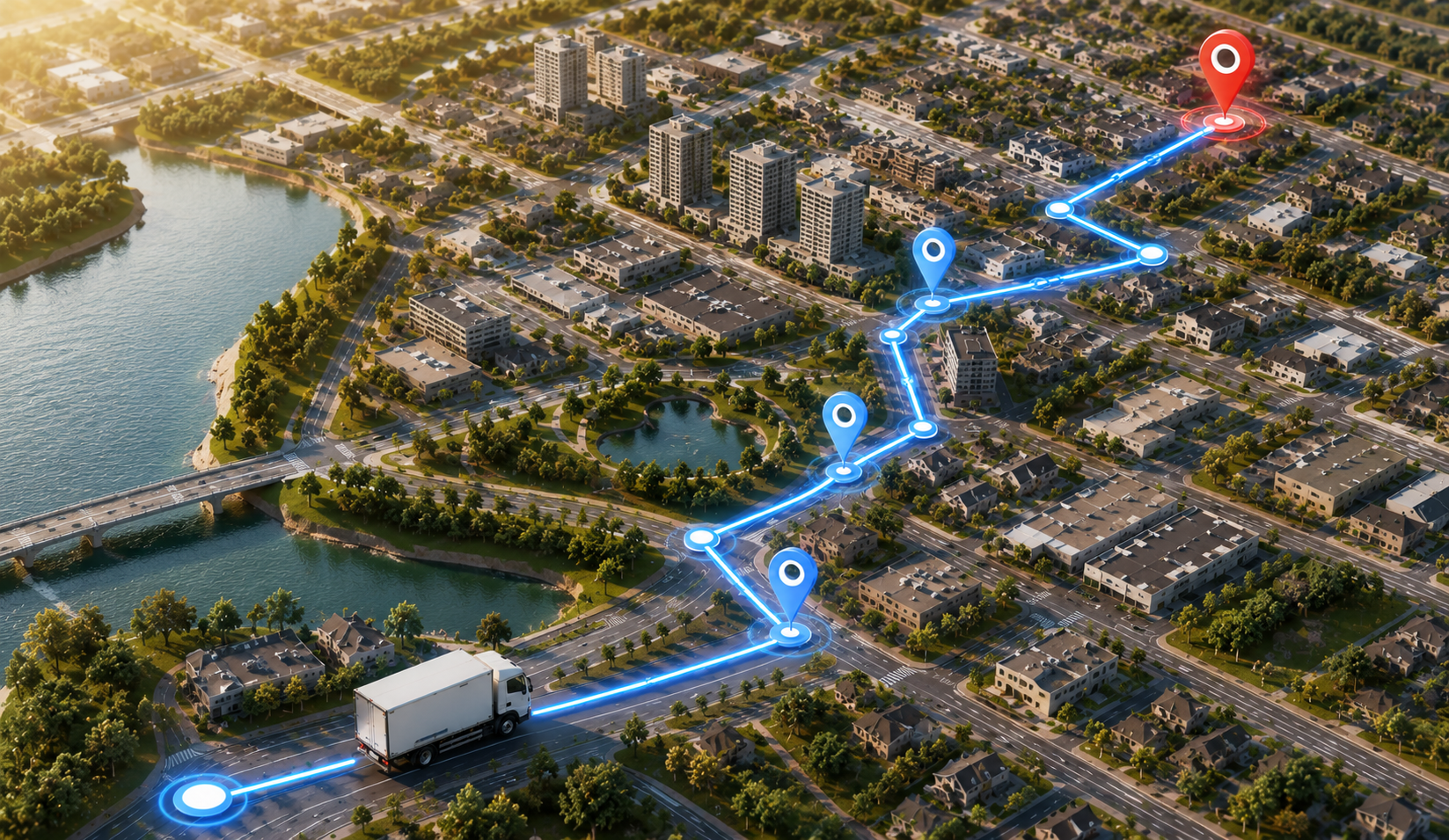 Aerial view of a delivery truck following an optimized route across a city