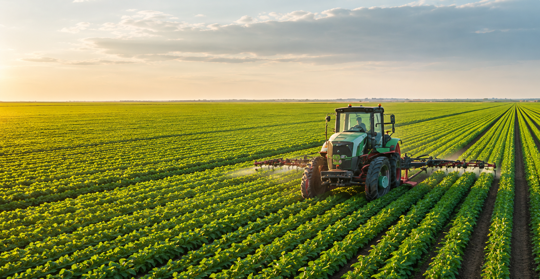 Tractor working long rows of green crops in a vast field at sunset
