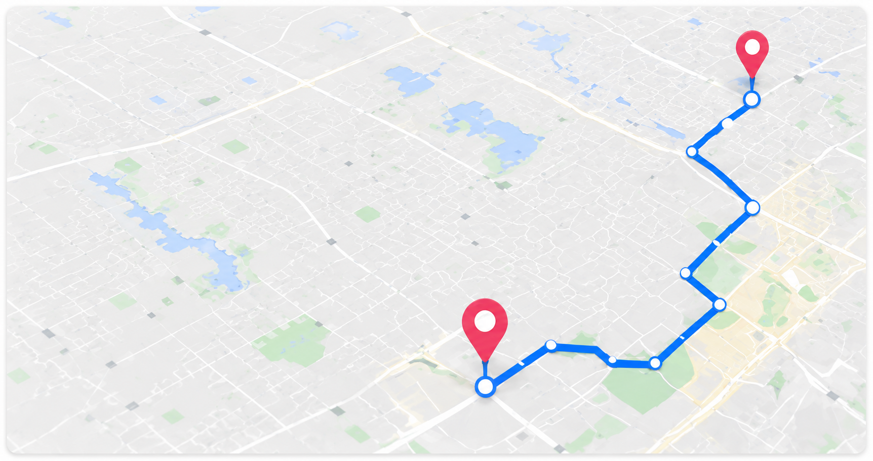 Map view showing an optimized delivery route winding between two pinned stops