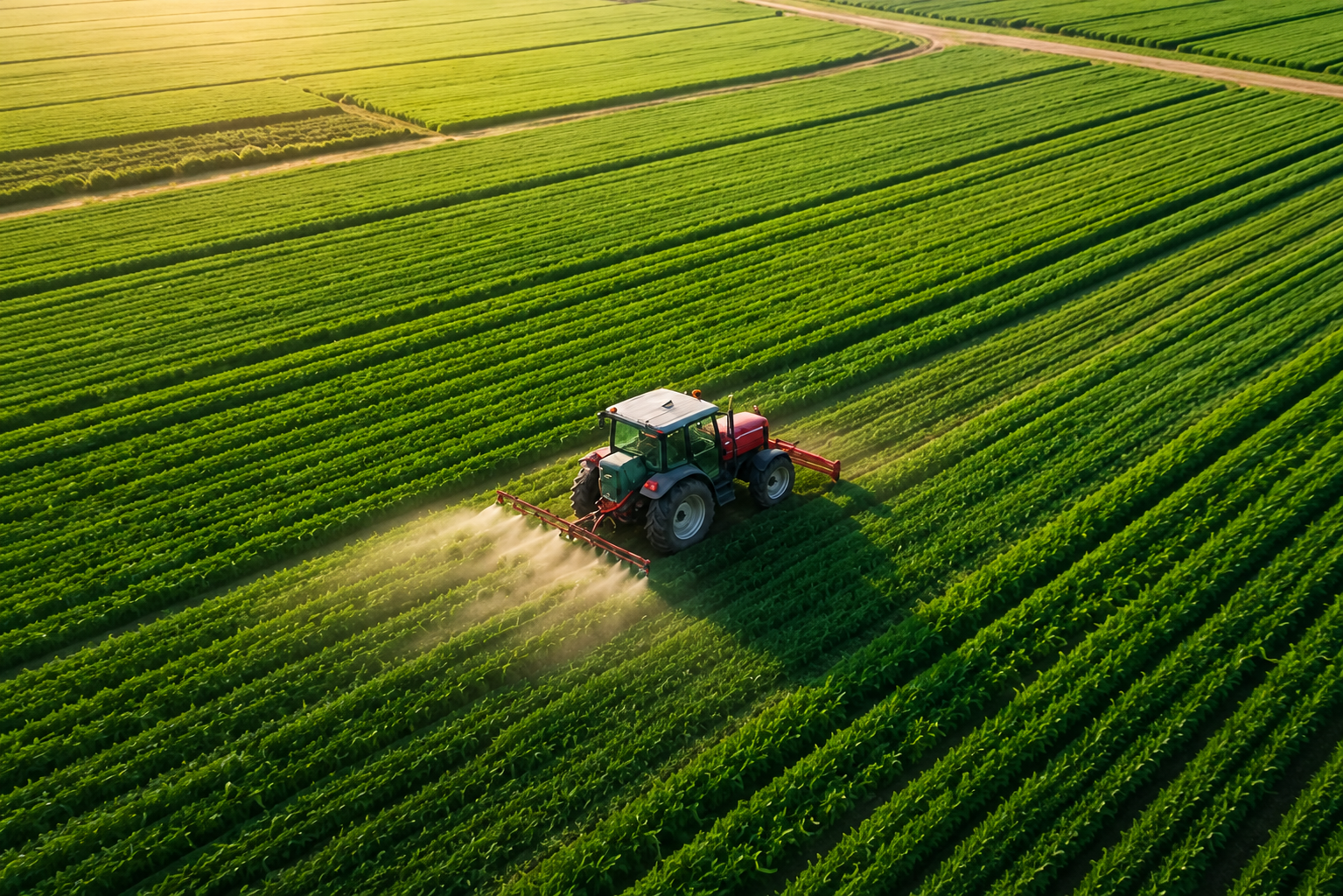 Aerial view of a tractor spraying rows of crops in a precision-farmed field